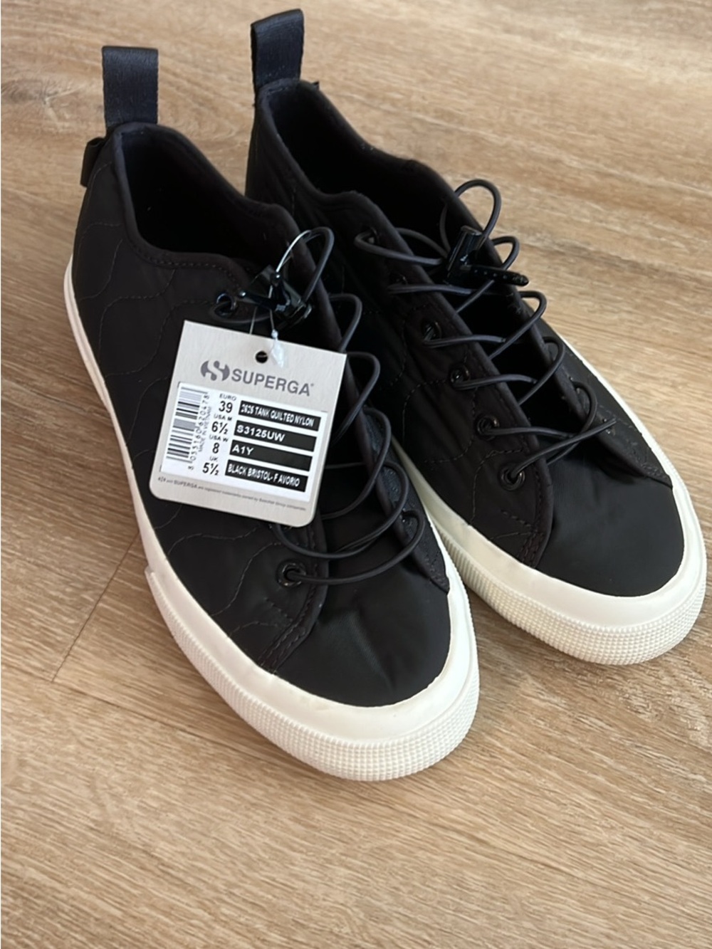 Superga Women’s Black Quilted Nylon Sneakers with White Sole